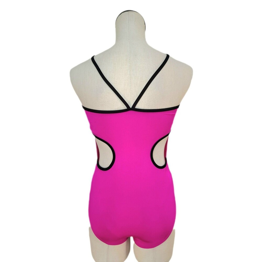 Aja VTG Hot Pink Side Cutout Keyhole Crossback Dance Leotard Built-in Bra Sz AM - Picture 10 of 16